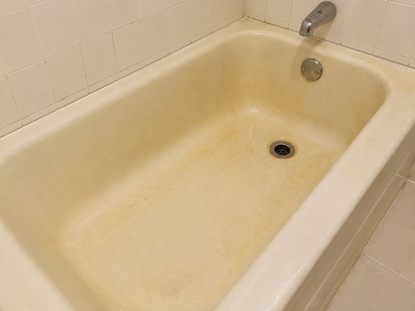 Yellowed bathtub before restoration - discolored fiberglass tub with yellowing and age stains